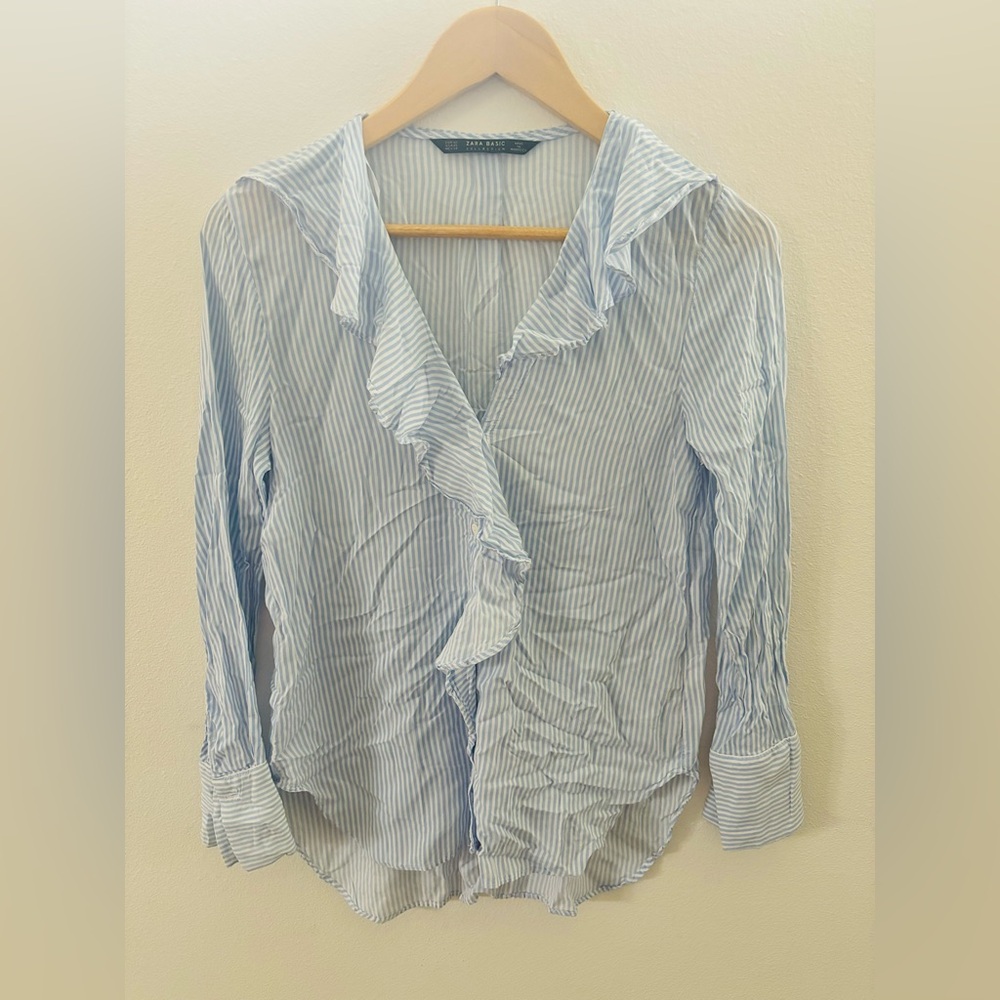 Zara Stripes Button Down Top with Frills Collar